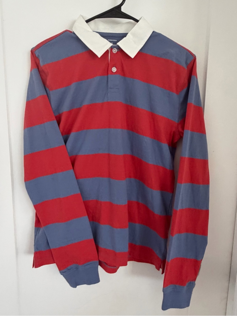Nordstrom Red Blue Striped Long-Sleeve Rugby Polo Men’s slim fit XL 100% cotton